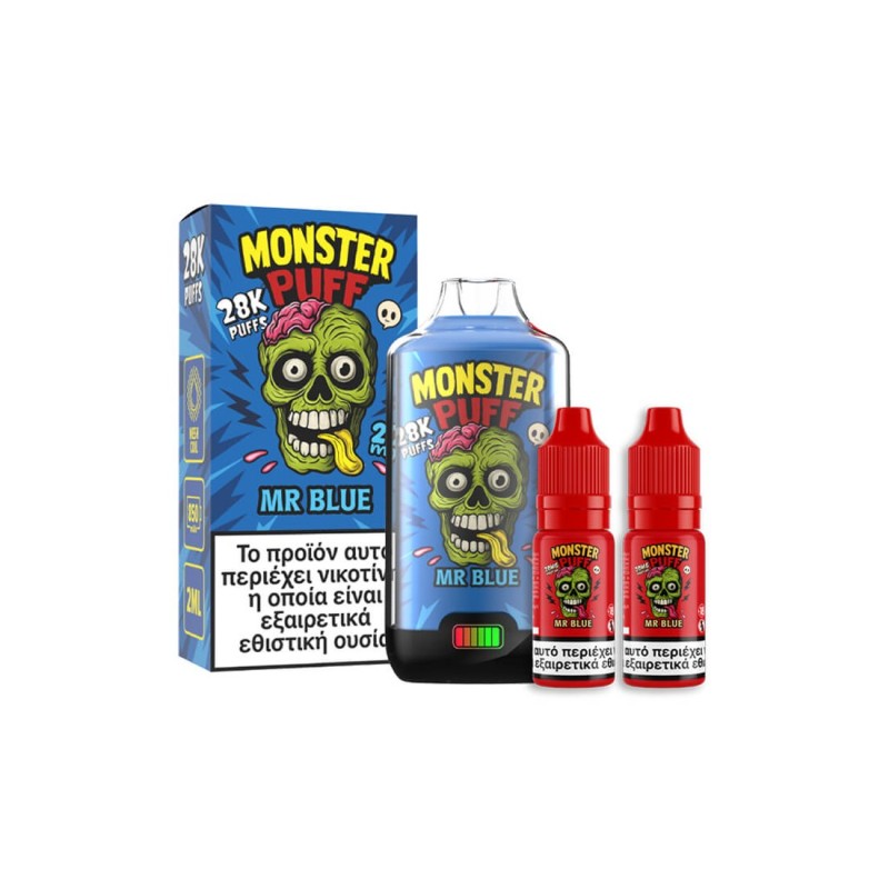 Monster Puff 28K Kit Mr Blue Συσκευή 2ml & 2x10ml 20mg Monster Puff 28K Kit Mr Blue Συσκευή 2ml & 2x10ml 20mg